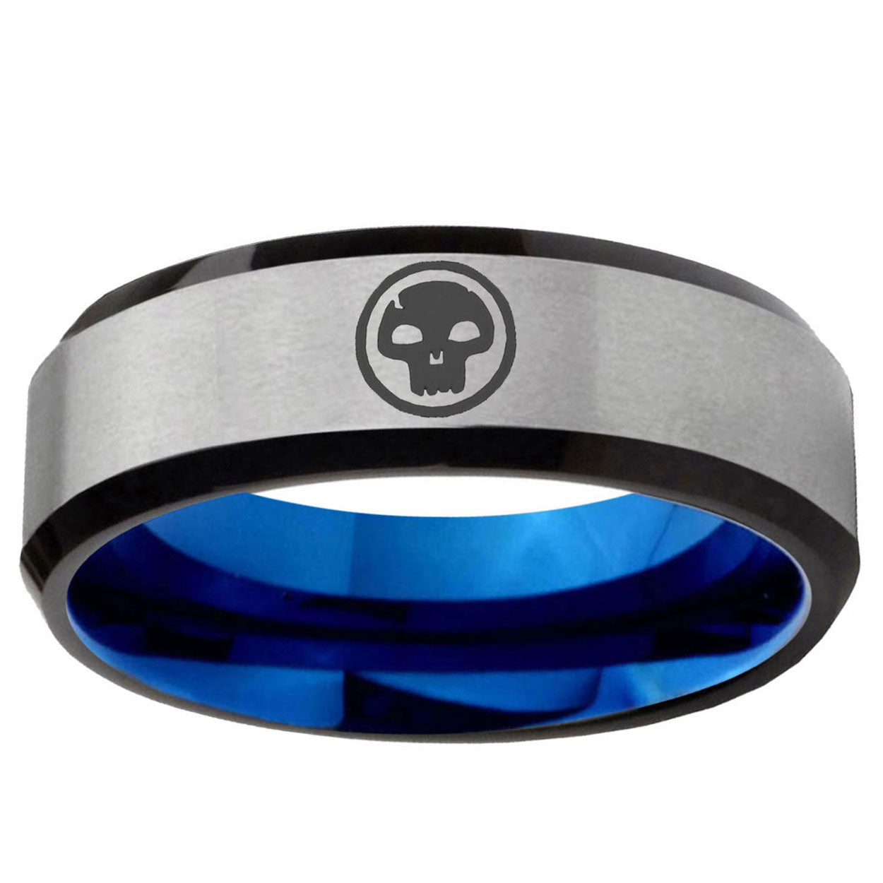 6MM Skull Beveled Blue Gray Tungsten Man Wedding Band