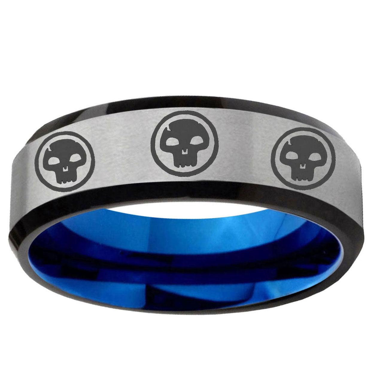 6MM Multiple Skull Beveled Blue Gray Tungsten Ring Men