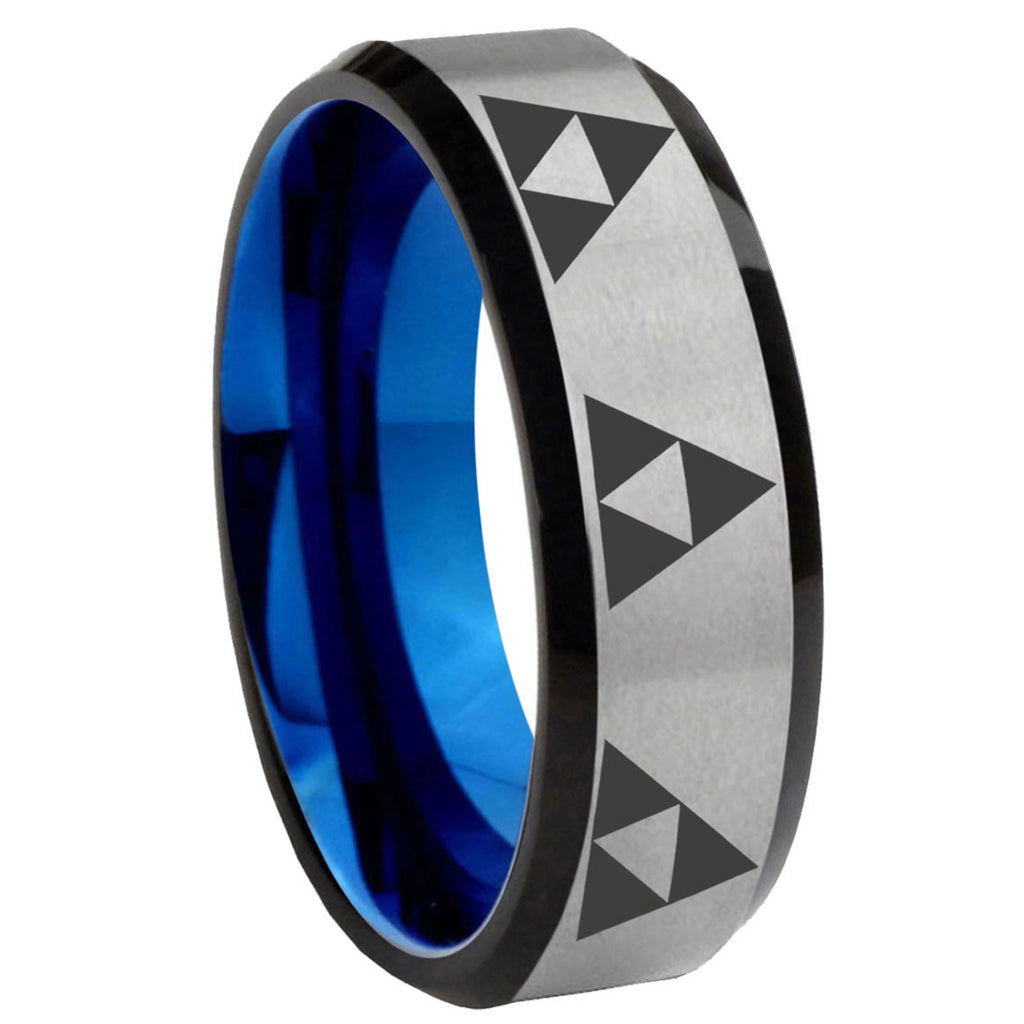 8MM Multiple Zelda Triforce Beveled Blue Gray Tungsten Ring