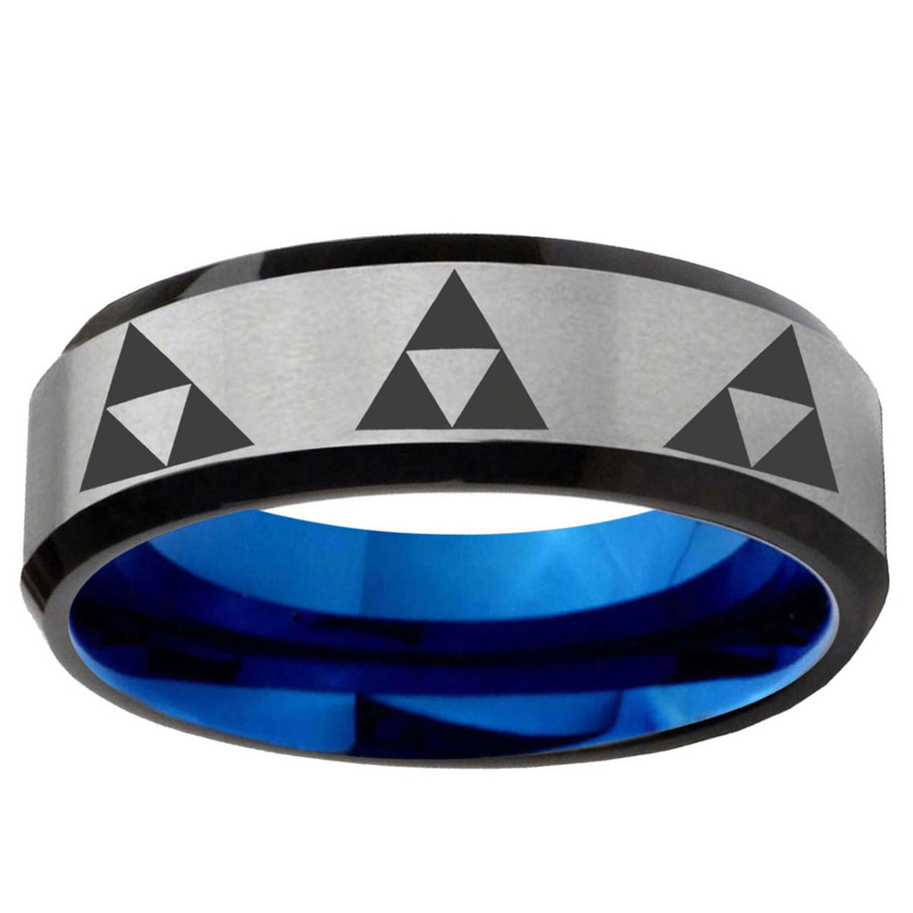 6MM Multiple Zelda Triforce Beveled Blue Gray Tungsten Ring