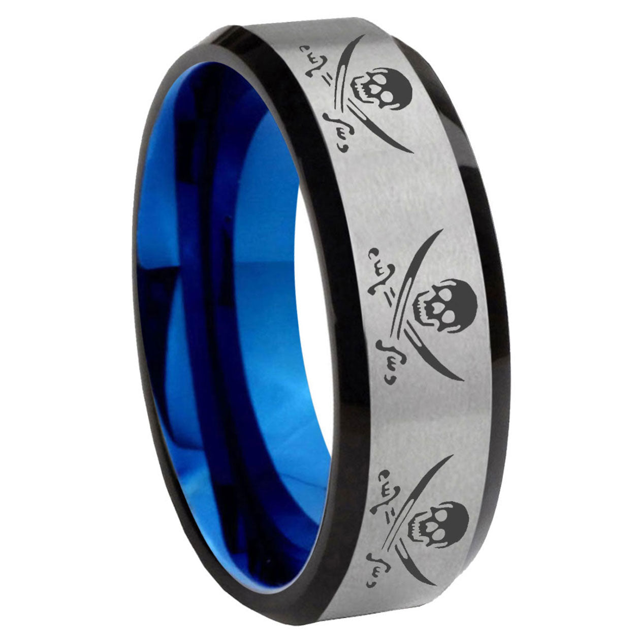 8MM Multiple Skull Pirate Beveled Blue Gray Tungsten Ring