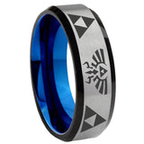 8mm Legend Triforce Zelda Beveled Tungsten Carbide Silver Blue Mens Promise Ring