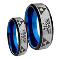 Legend of Zelda Bevel Gray Blue Tungsten Bridal Ring Set