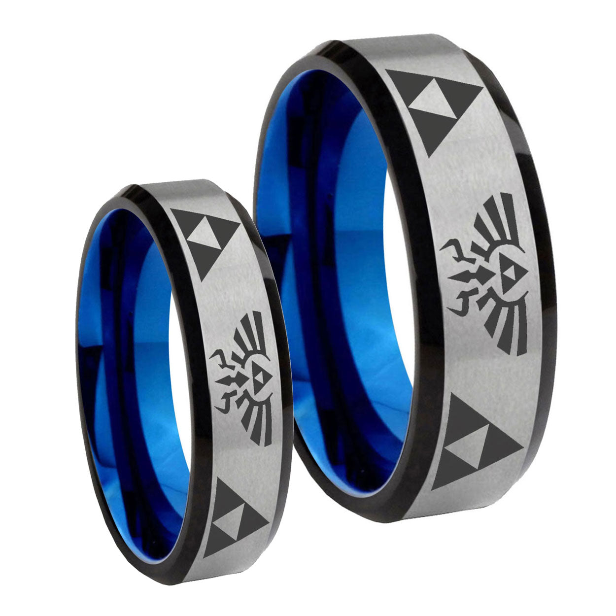 Legend of Zelda Bevel Gray Blue Tungsten Bridal Ring Set