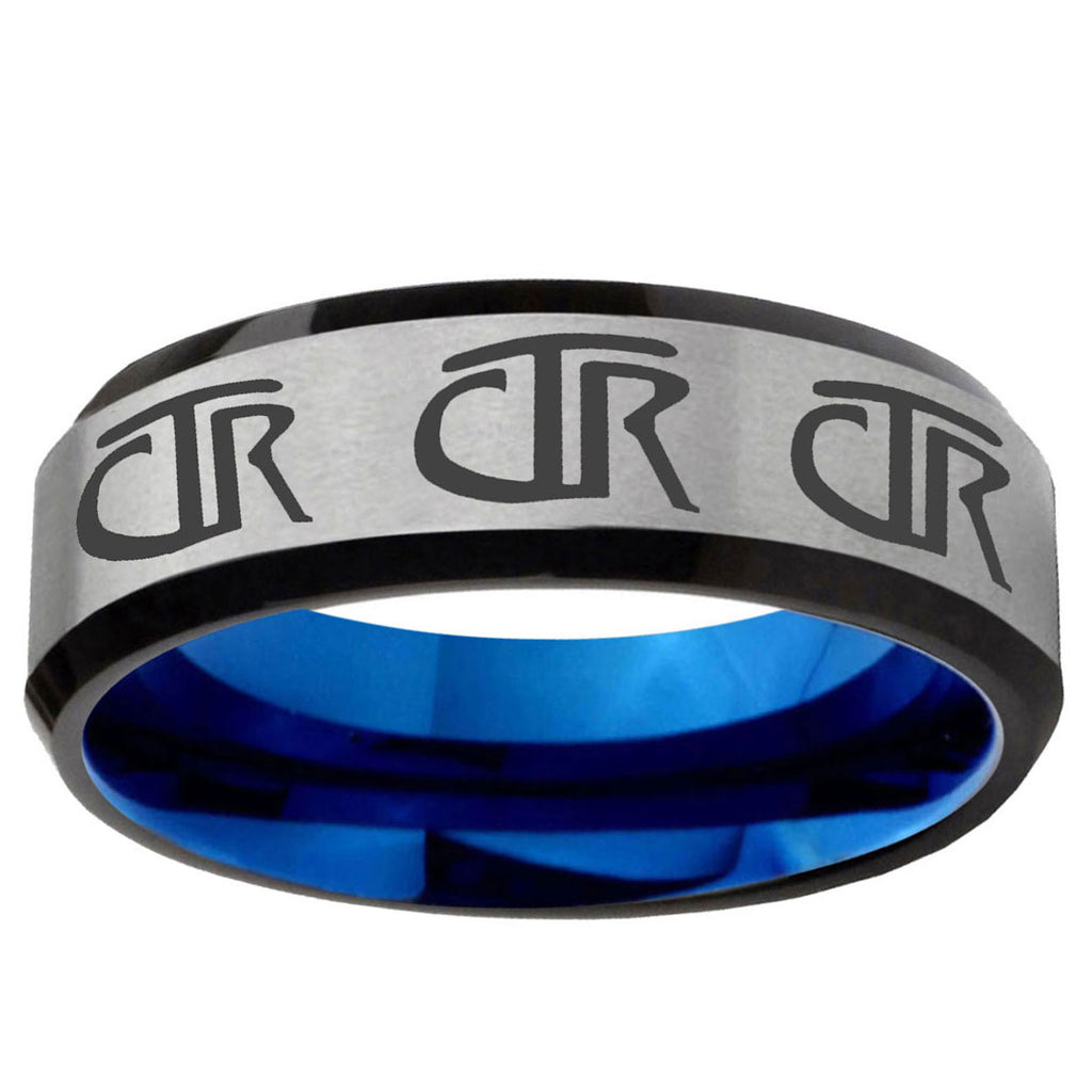 6MM Multiple CTR Bevel Beveled Blue Gray Tungsten Mens Ring