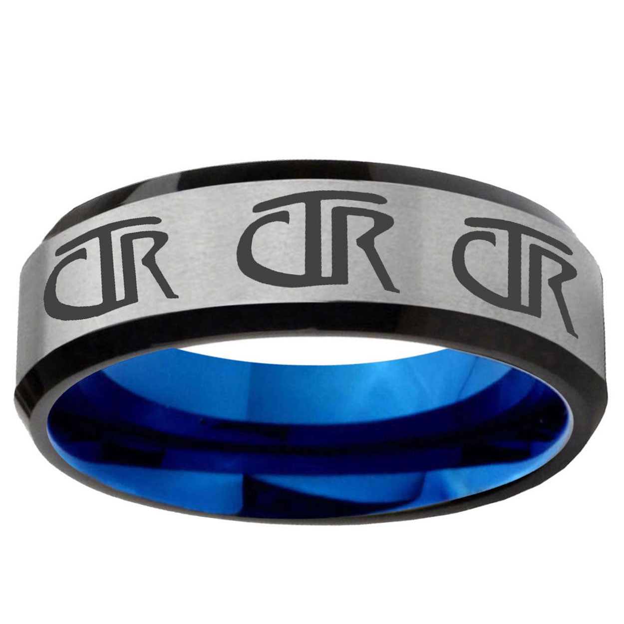 6MM Multiple CTR Bevel Beveled Blue Gray Tungsten Mens Ring