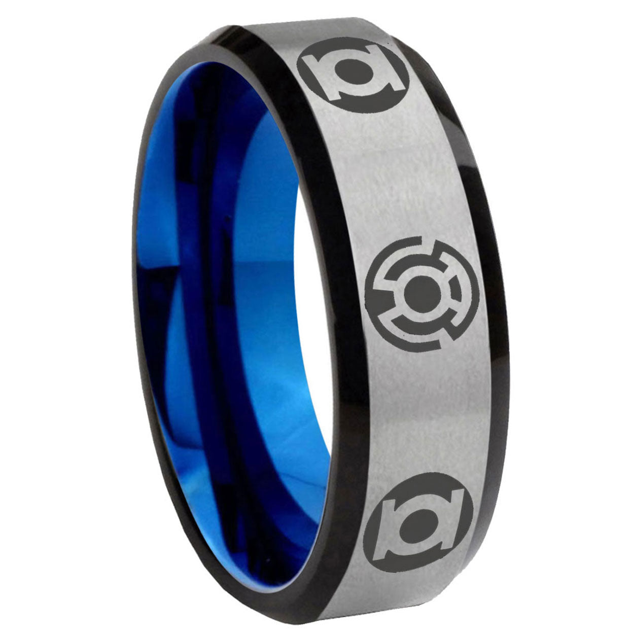 8MM Blue Green Lantern Beveled Blue Gray Tungsten Ring For Men