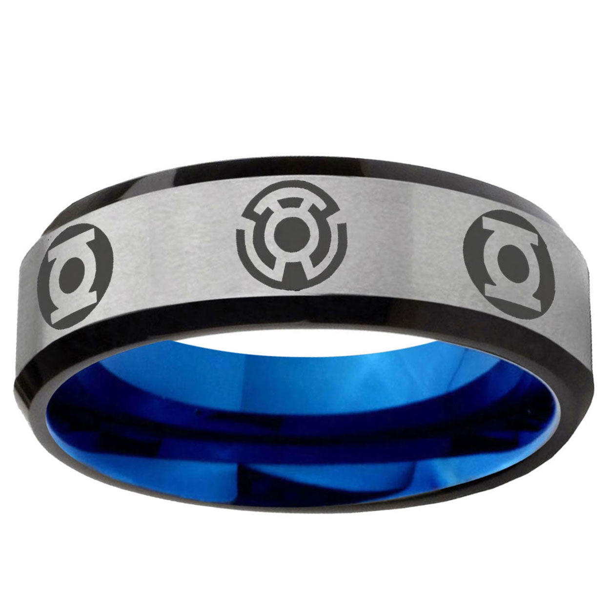 6MM Blue Green Lantern Beveled Blue Gray Tungsten Ring For Men