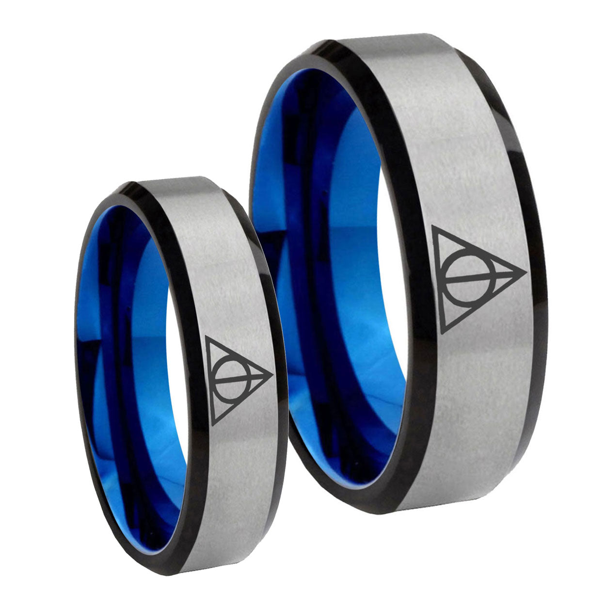 Deathly Hallows Bevel Gray Blue Tungsten Bridal Set Rings