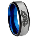 8MM Flamed Cross Beveled  Blue Gray Tungsten Ring Men