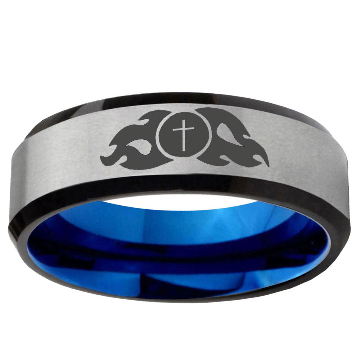 6MM Flamed Cross Beveled  Blue Gray Tungsten Ring Men