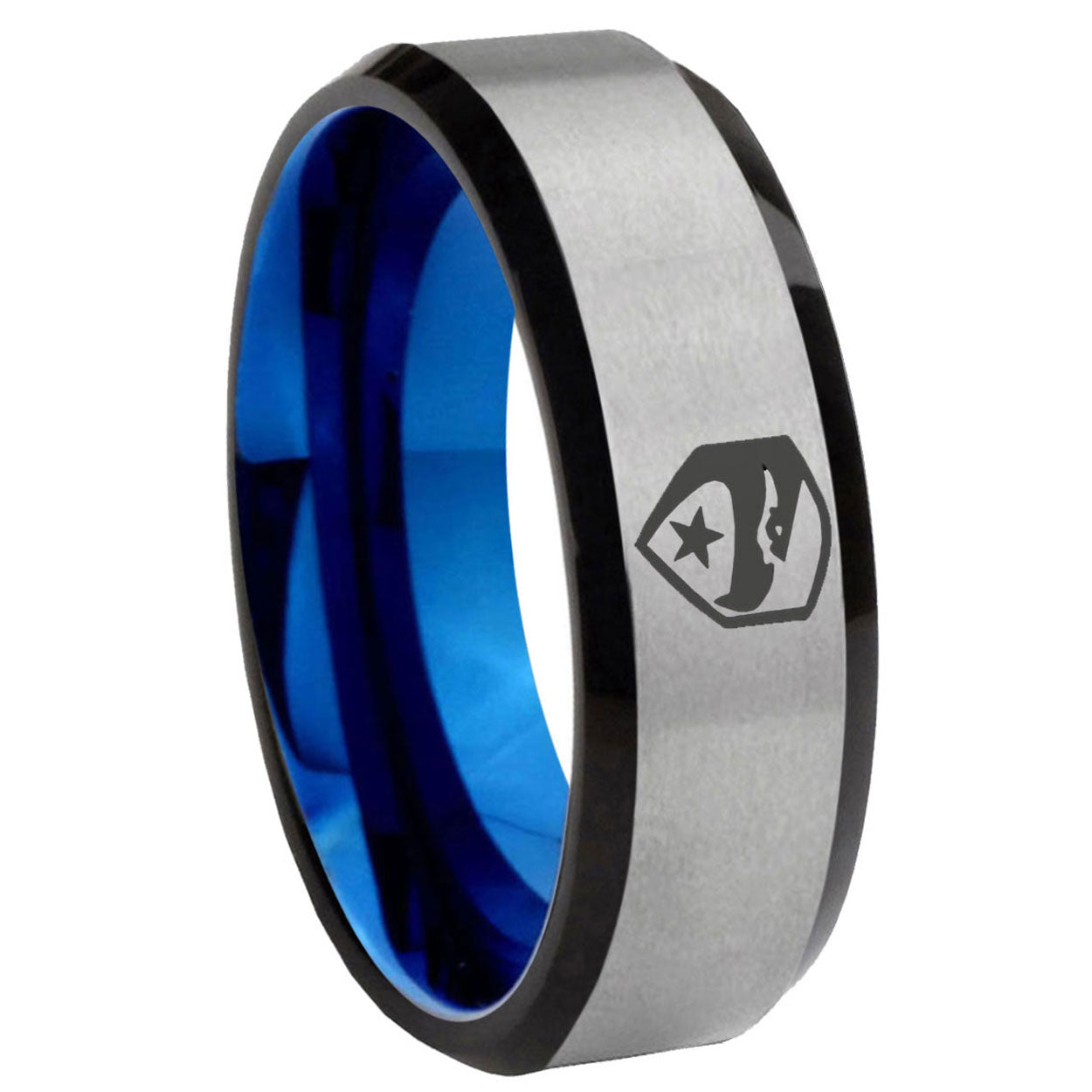 8MM GIa Joe Eagle Beveled Blue Gray Tungsten Mens Wedding Rings