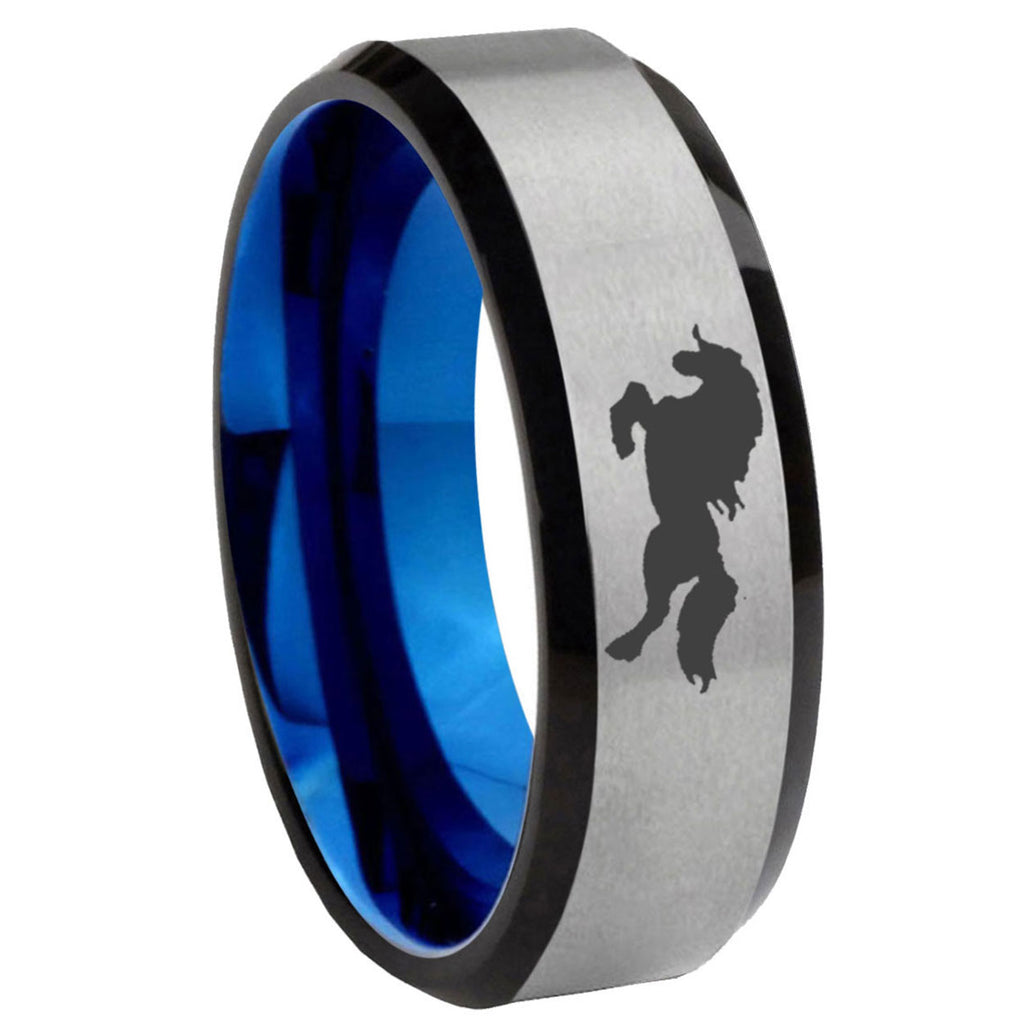 8MM Horse Beveled Blue Gray Tungsten Engrave Man Ring
