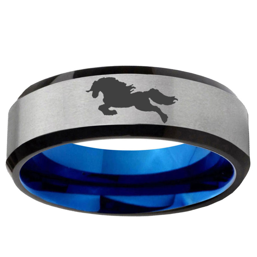 6MM Horse Beveled Blue Gray Tungsten Engrave Man Ring