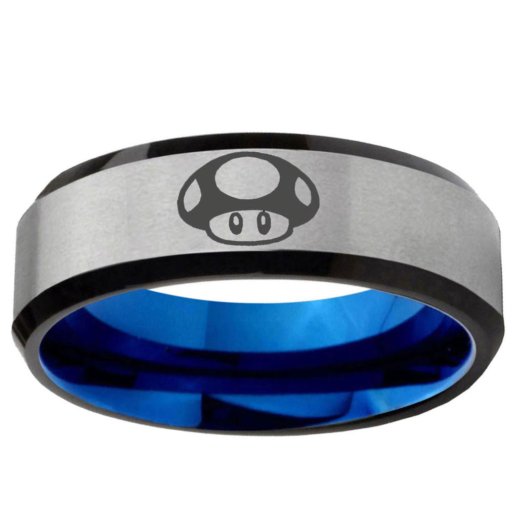 6MM Mario Mushroom Beveled Blue Gray Tungsten Wedding Band For Men