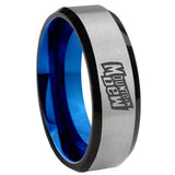 8mm Mountain Dew Beveled Edge Blue And Gray Tungsten Engraved Ring