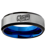 6mm Mountain Dew Beveled Edge Blue And Gray Tungsten Engraved Ring