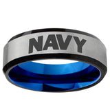 6mm Navy Beveled Edge Blue And Gray Tungsten Carbide Men Wedding Ring