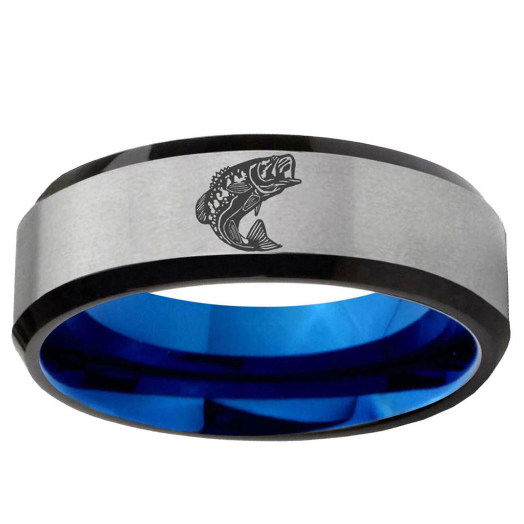 6MM Fishing Beveled Blue Gray Tungsten Ring For Him