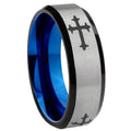 8MM Christian Cross Religious Beveled Blue Gray Tungsten Mens Ring