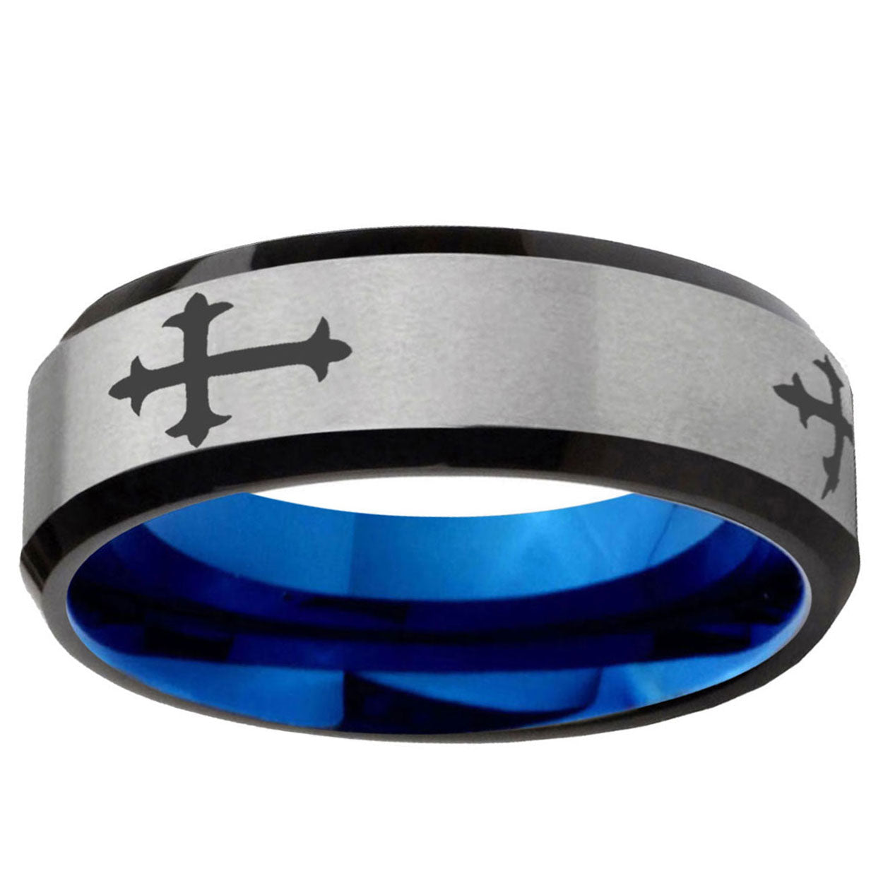 6MM Christian Cross Religious Beveled Blue Gray Tungsten Mens Ring