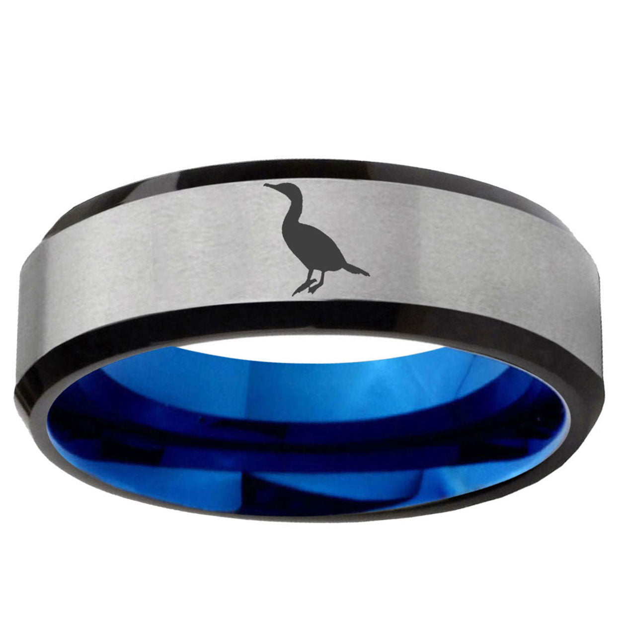 6MM Cormorant Beveled Blue Gray Tungsten Custom Engraved Ring