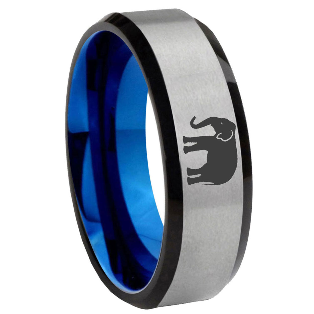 8MM Elephant Beveled Blue Gray Tungsten Comfort Fit Ring