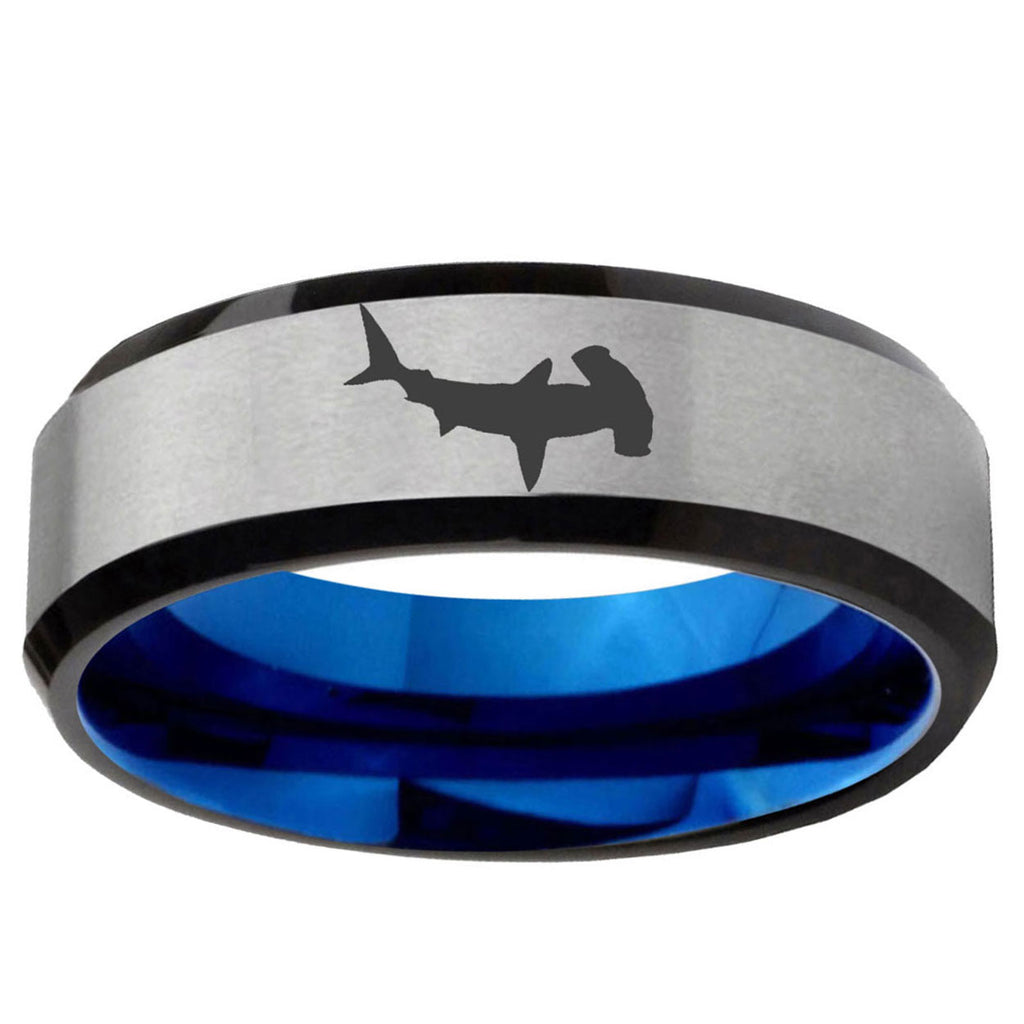 6MM Hammerhead Shark Beveled Blue Gray Tungsten Comfort Fit Ring