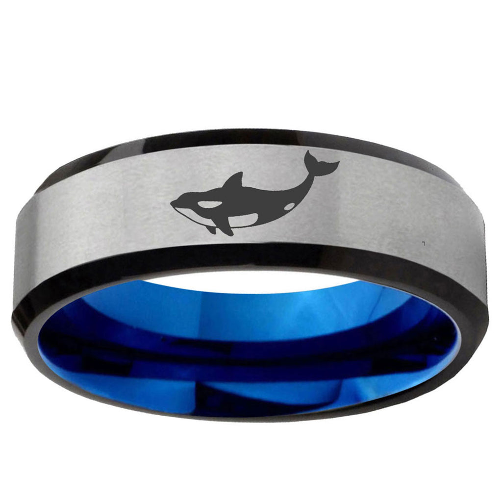 6MM Killer Whale Beveled Blue Gray Tungsten Engravable Ring