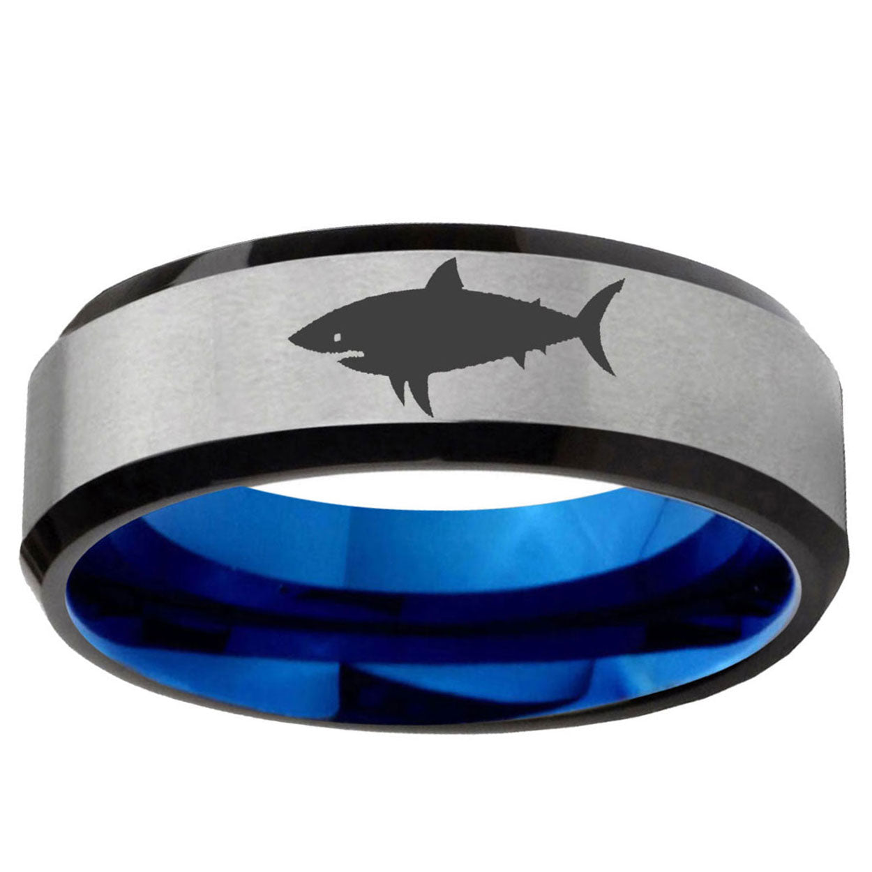 6MM Shark Beveled Blue Gray Tungsten Wedding Rings