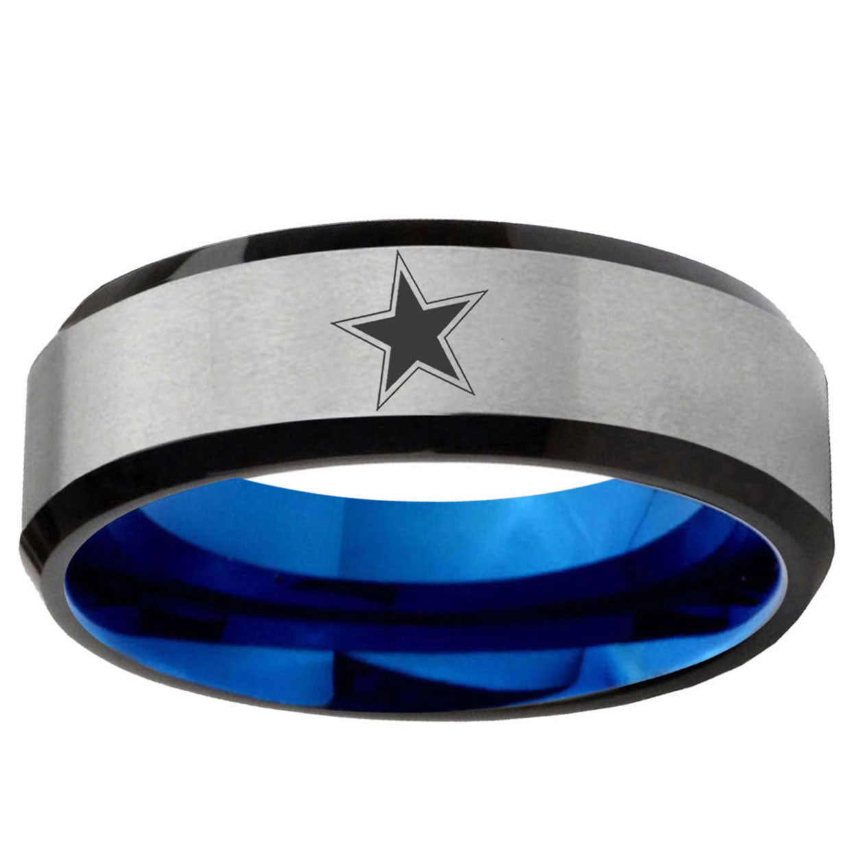 6MM Cowboys Star Beveled Blue Gray Tungsten Wedding Rings