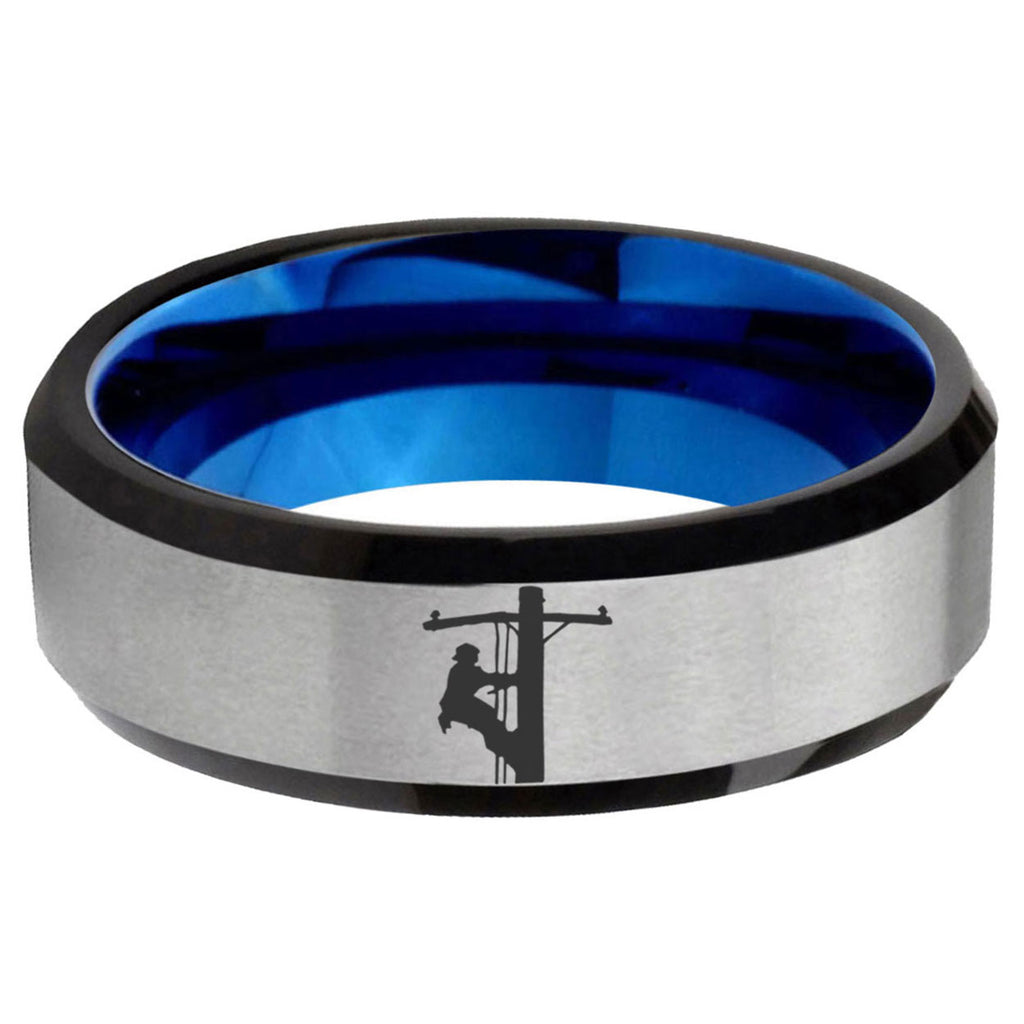 6MM Lineman Symbol Beveled Blue Gray Tungsten Wedding Band