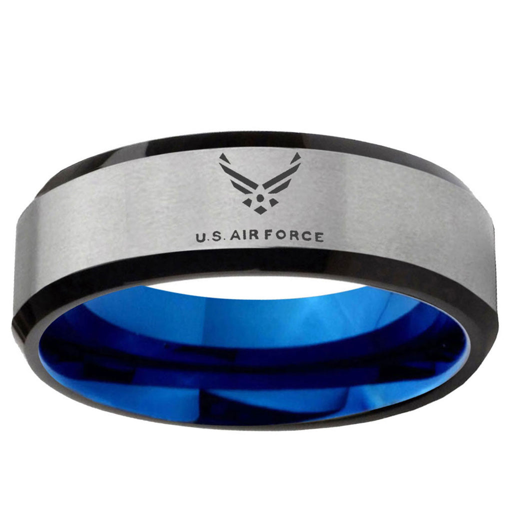 6MM US Air Force Beveled Blue Gray Tungsten Ring For Him