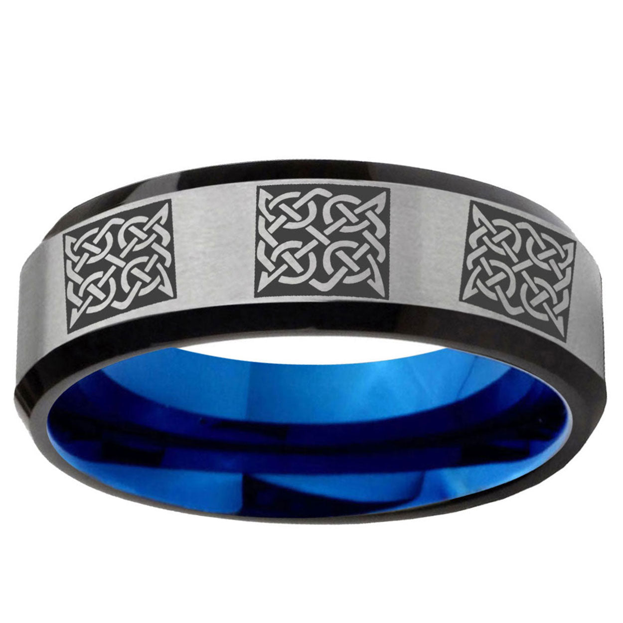 6MM Multiple Celtic Beveled Blue Gray Tungsten Mens Ring