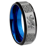 8mm Multiple Dragon Celtic Beveled Blue And Gray Tungsten Men's Bands Ring