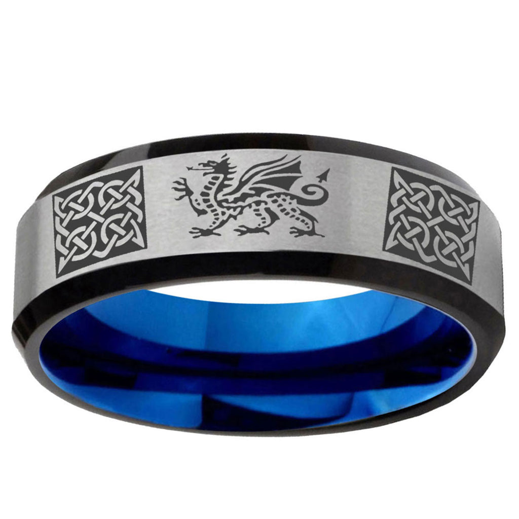 6MM Multiple Dragon Celtic Beveled Blue Gray Tungsten Wedding Band