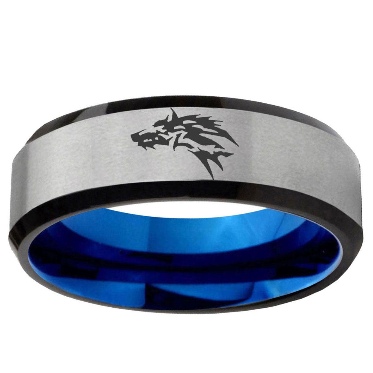 6MM Wolf Beveled Blue Gray Tungsten Promise Ring