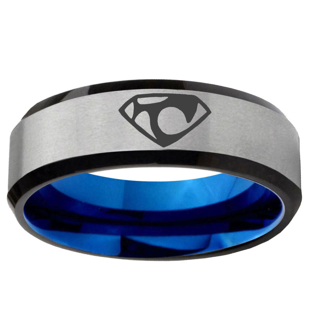 6MM House of Van Beveled Blue Gray Tungsten Personalized Ring