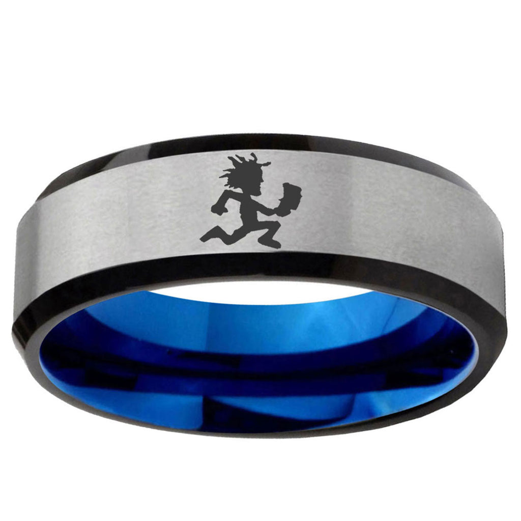 6MM Hatchet Man Beveled Blue Gray Tungsten Personalized Ring