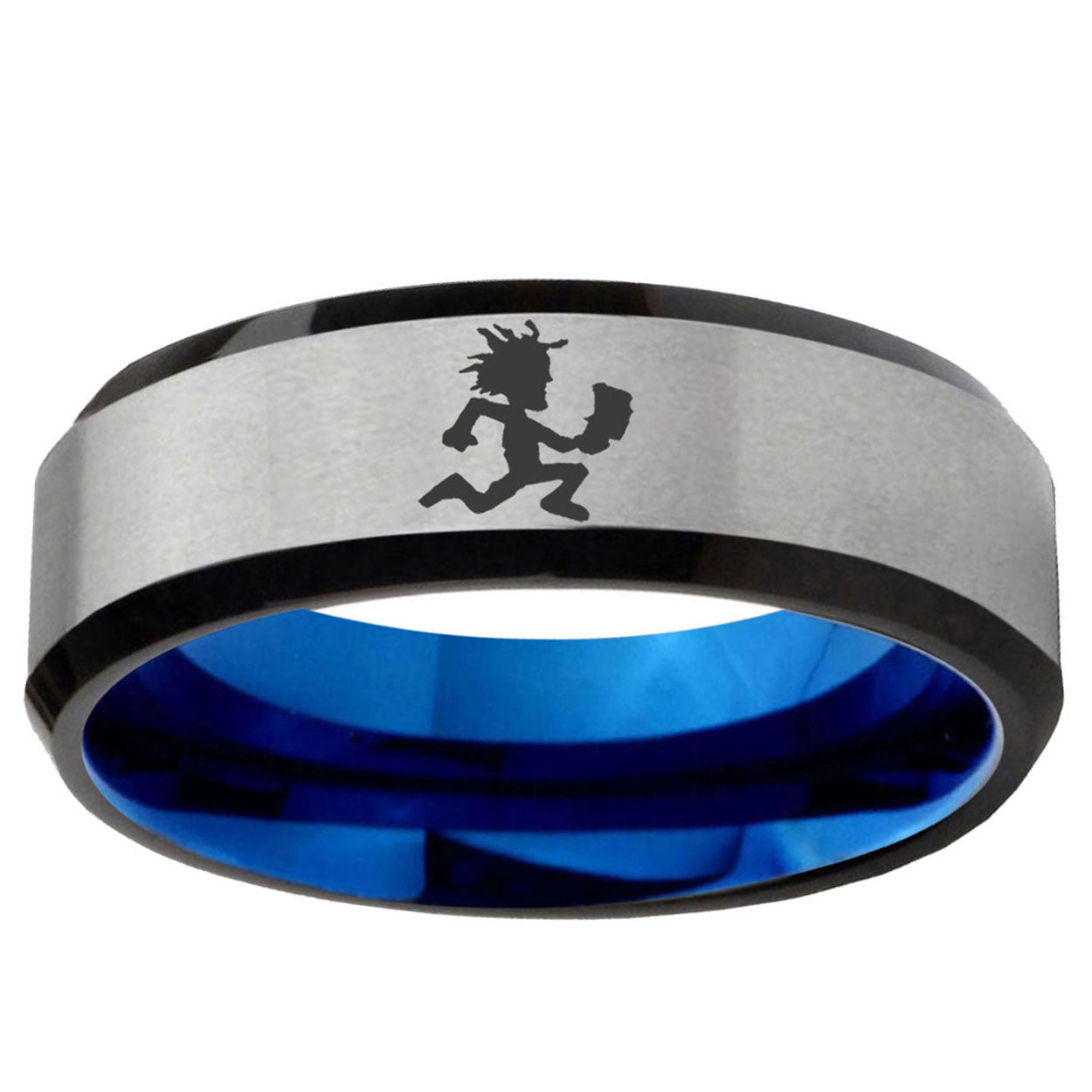 6MM Hatchet Man Beveled Blue Gray Tungsten Personalized Ring
