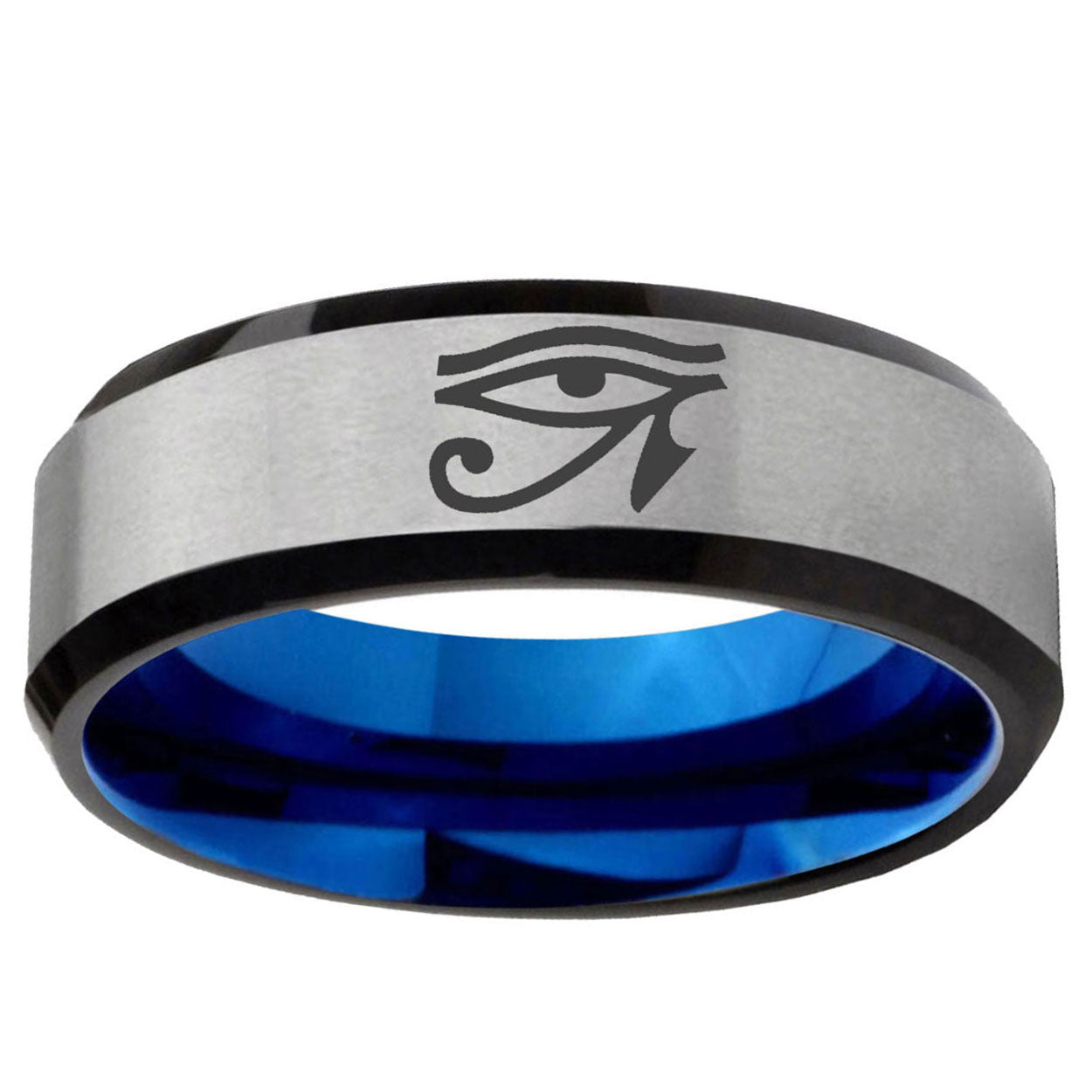 6MM Seeing Eye Beveled Blue Gray Tungsten Promise Ring For Men