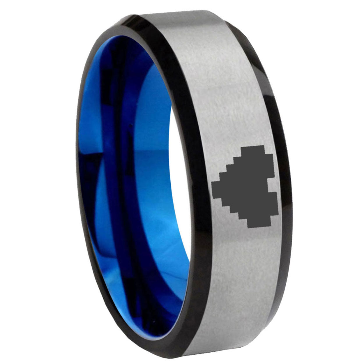 8MM Zelda Heart Beveled Blue Gray Tungsten Mens Wedding Ring