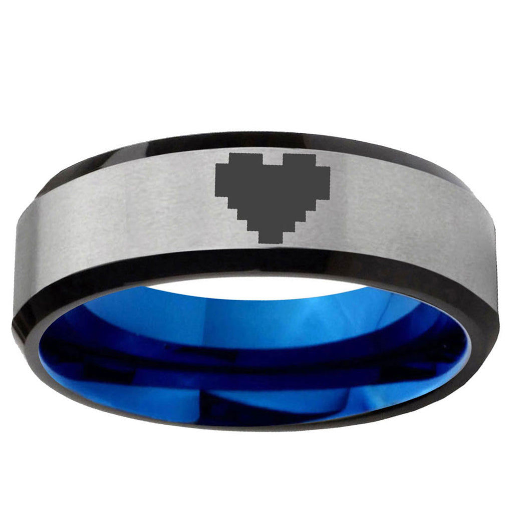 6MM Zelda Heart Beveled Blue Gray Tungsten Mens Wedding Ring