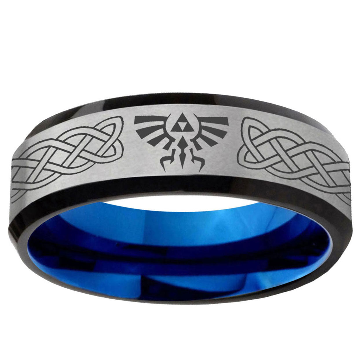6MM Celtic Zelda Beveled Blue Gray Tungsten Rings For Men
