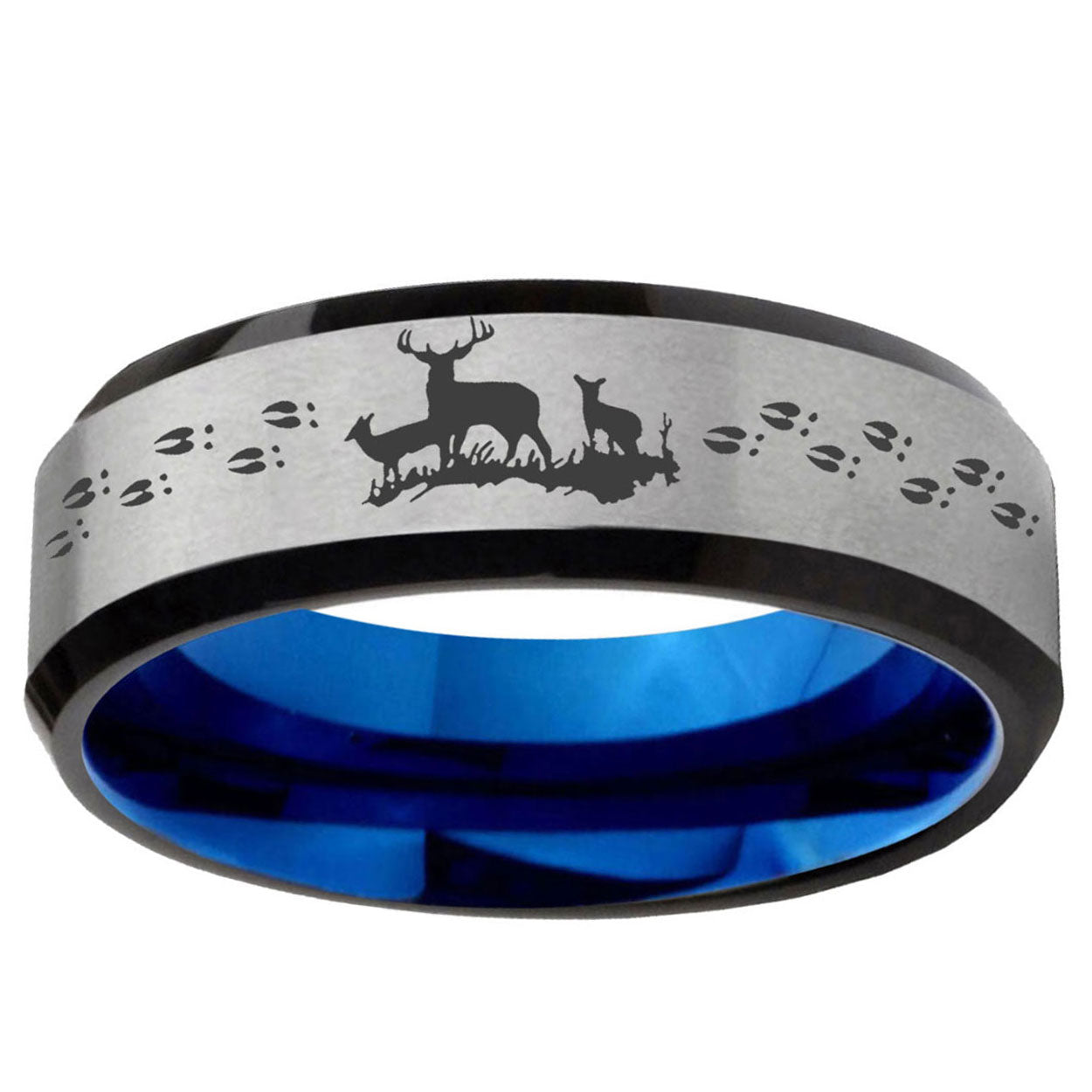 6MM Deer Hunting Beveled Blue Gray Tungsten Wedding Band
