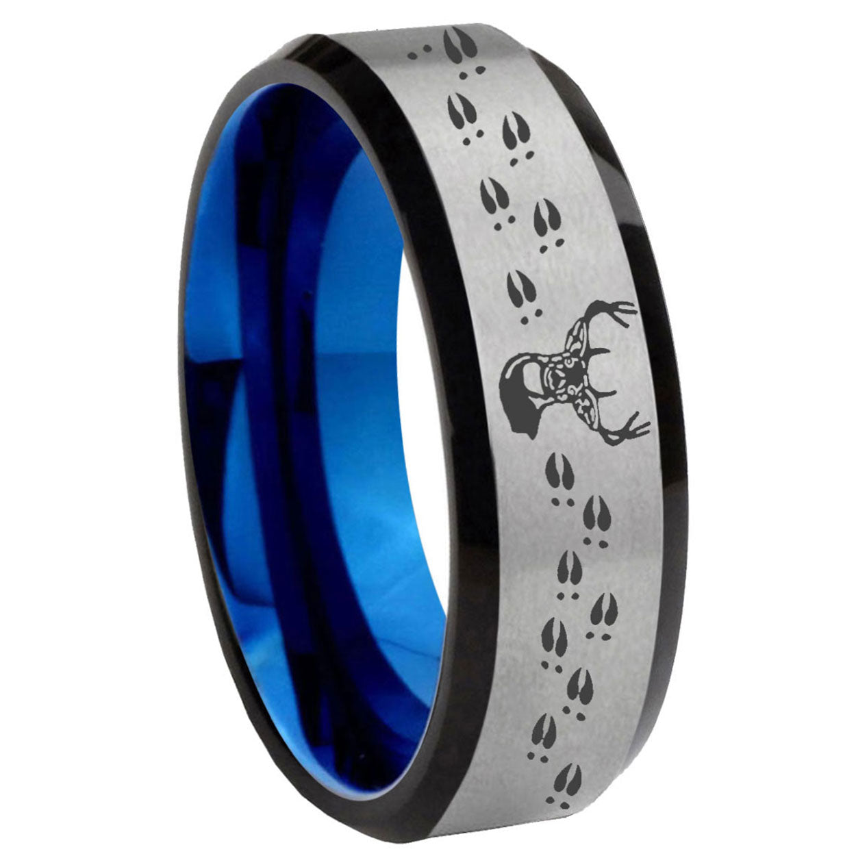8MM Deer Antler Beveled Blue Gray Tungsten Mens Wedding Band