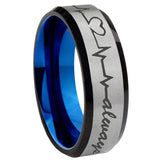 8mm Heart Beat forever Heart always Beveled Tungsten Carbide Silver Blue Mens Promise Ring