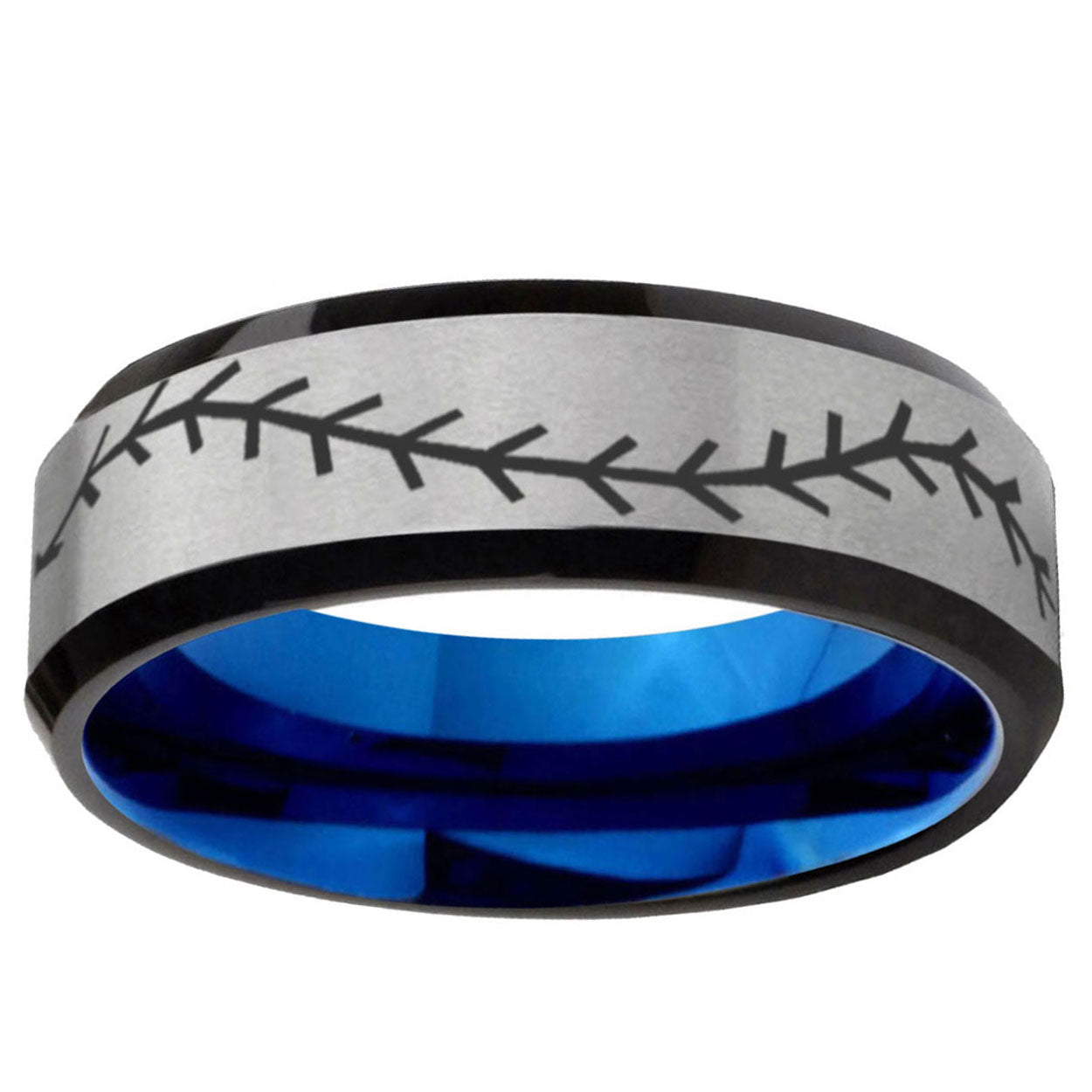 6MM Baseball Stitch Beveled Blue Gray Tungsten Personalized Ring