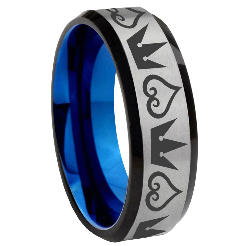 8MM Hearts and Crowns Beveled Blue Gray Tungsten Band For Men