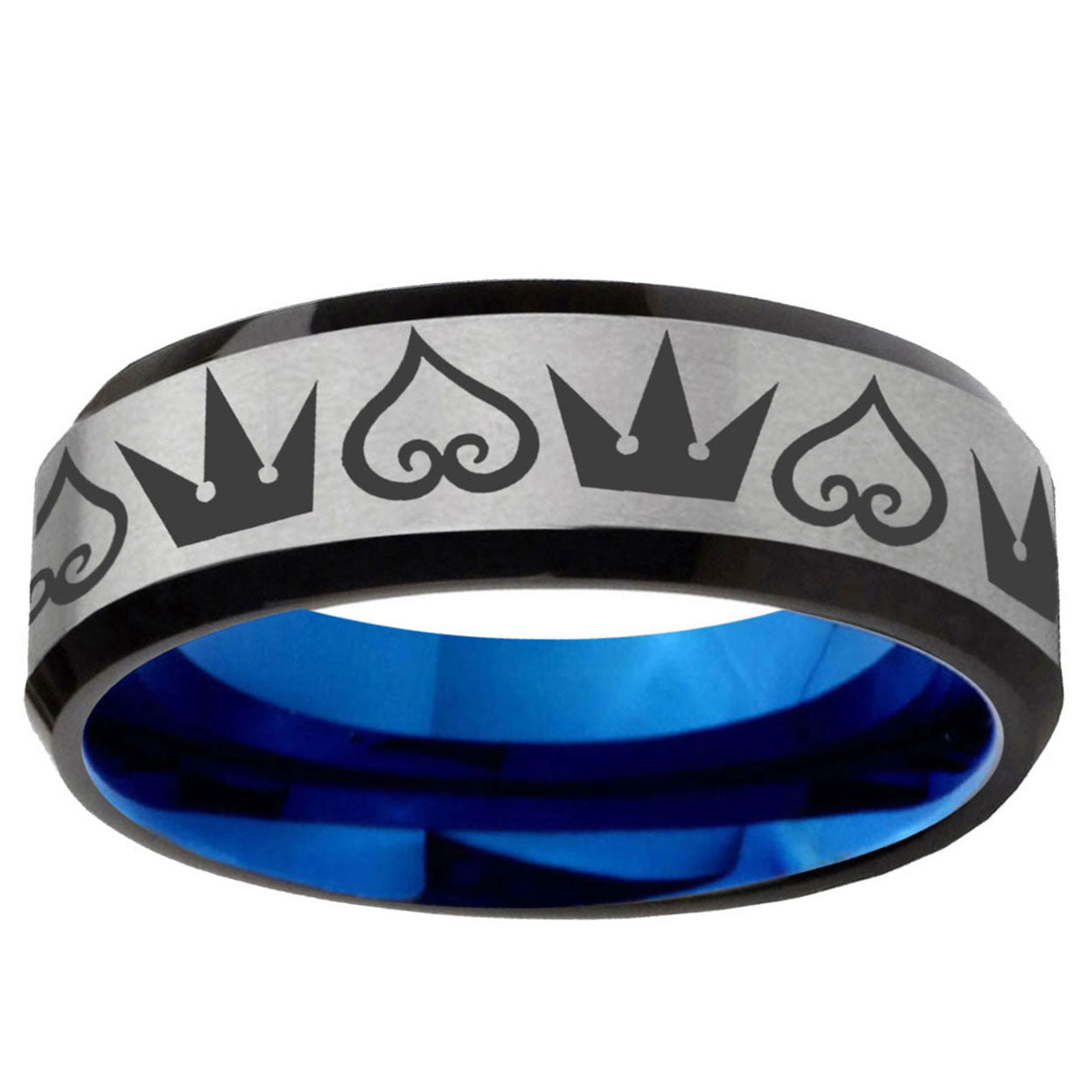 6MM Hearts and Crowns Beveled Blue Gray Tungsten Band For Men